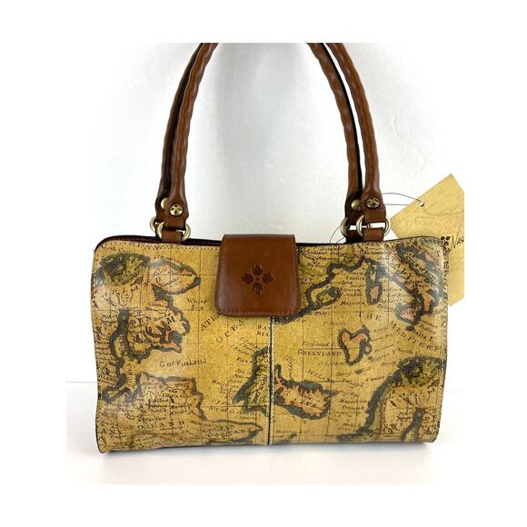 Patricia Nash‎ Rienzo Satchel Shoulder Bag Vintage Tan Leather European Map NWT - Picture 1 of 11